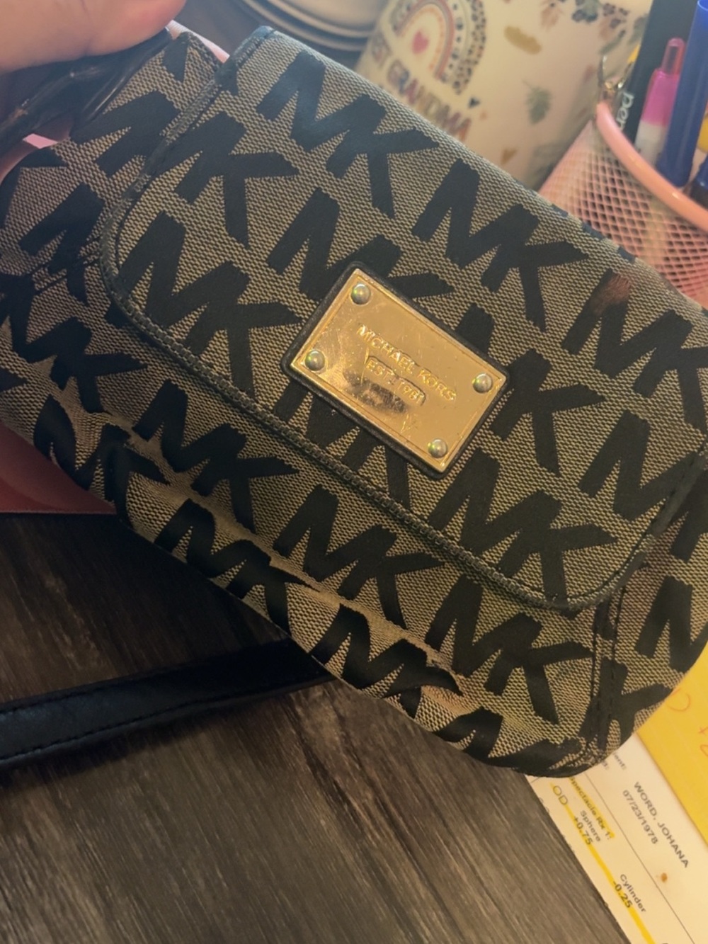 Michael Kors Black MK Monogram Crossbody with Gold Plaque